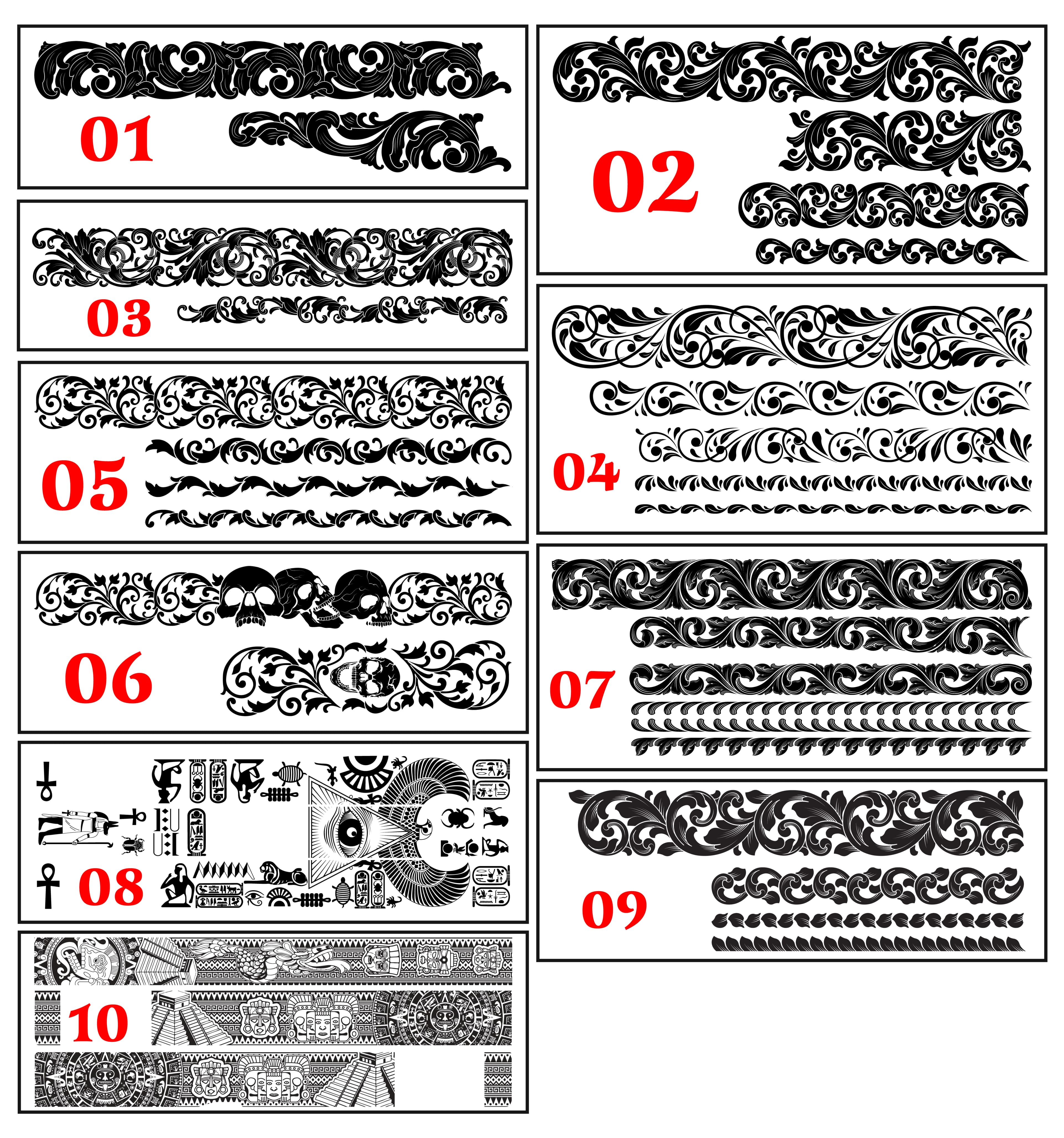Glock slide engraving design options reference chart - 7 scrollwork pattern styles available